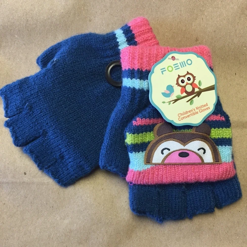 Foemo Toddler Knitted Fingerless Gloves-Blue/Pink: Size 5-8yrs